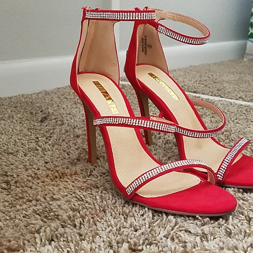 Red bedazzled strappy heels